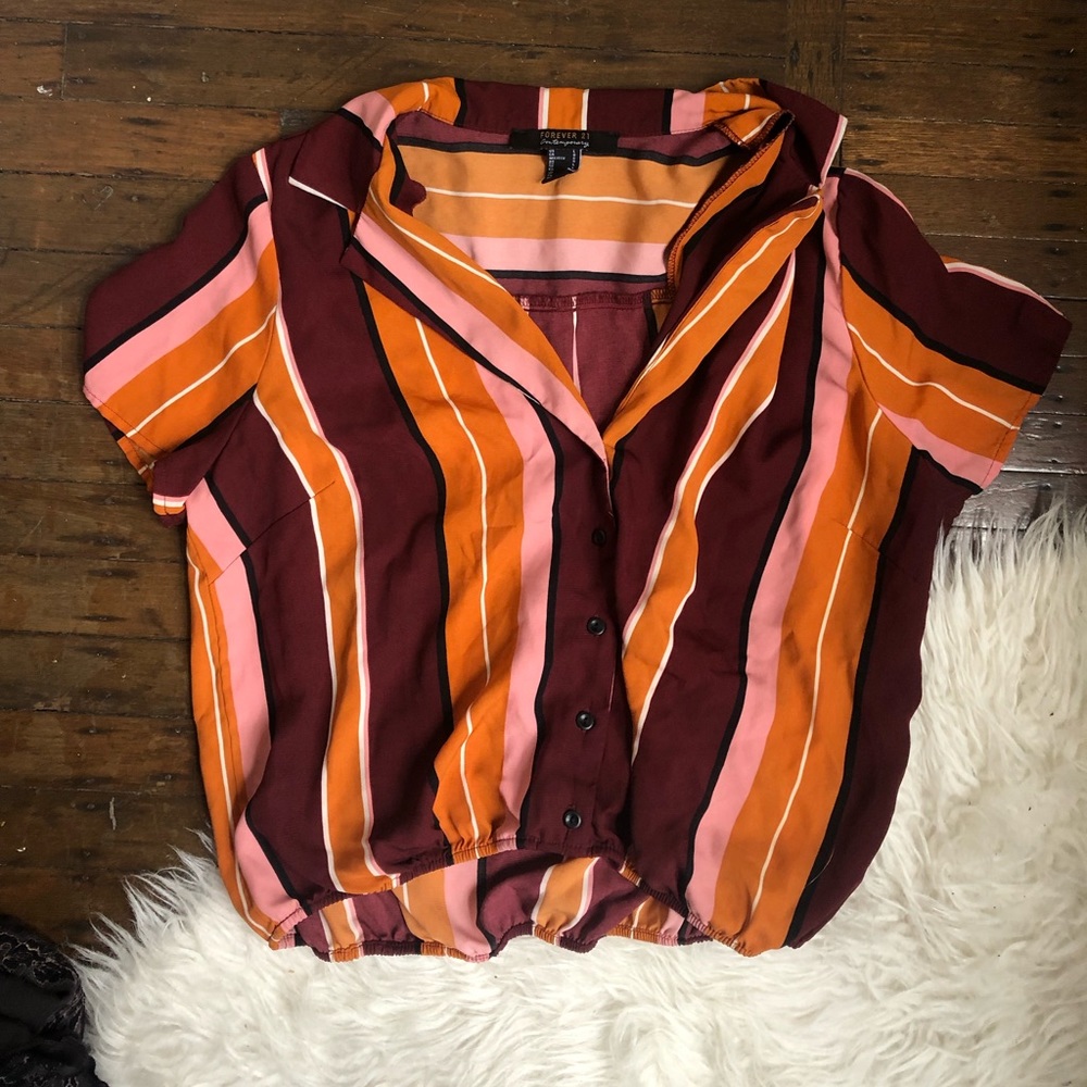 Multicolored striped collared button up